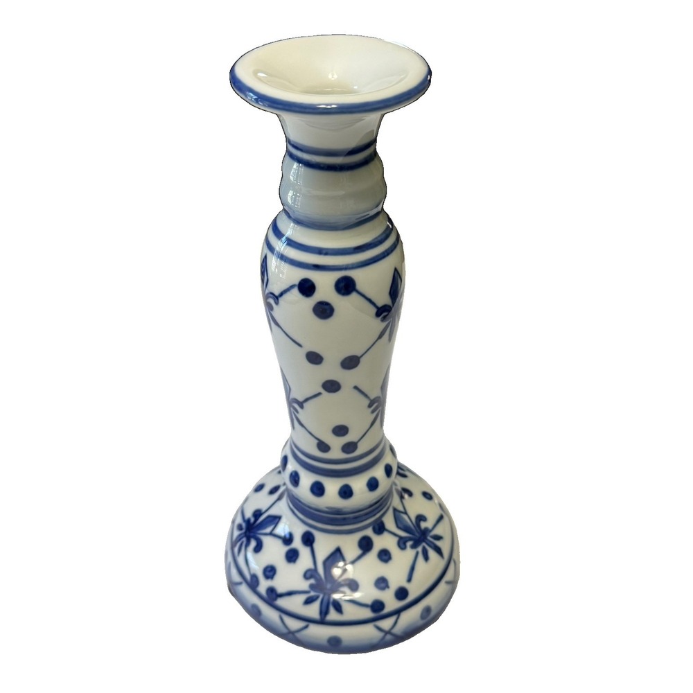 Blue White Porcelain Candlestick Holder 10" Chinoiserie Floral Taper Candle